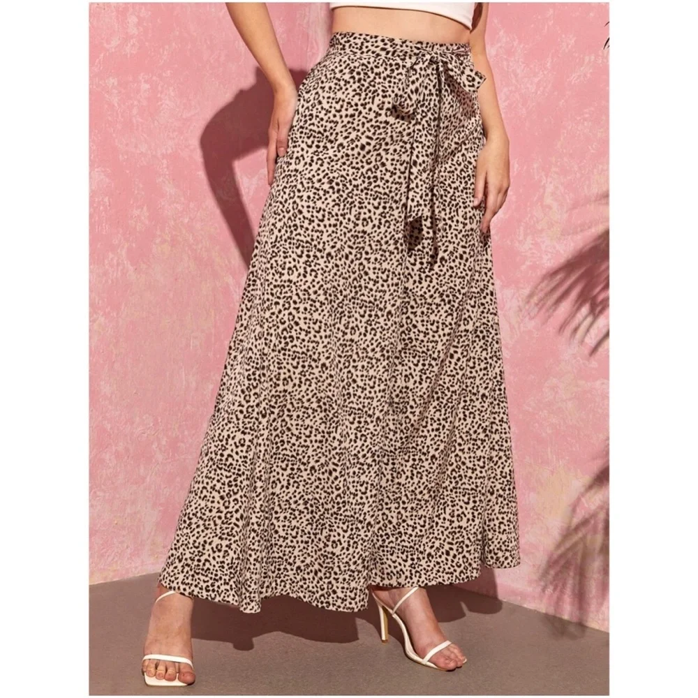 Plus Khaki tan Leopard Print Wide Leg Palazzo Pants - Picture 4 of 6